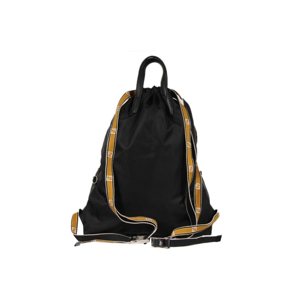Fendi Mens Nylon Vitello Drawstring Backpack Black Leather Logo Yellow Straps - Picture 2 of 16
